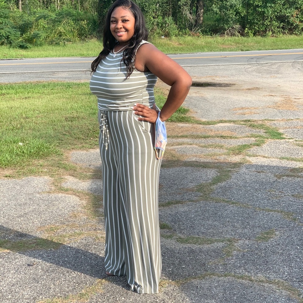 L olive green & white jumpsuit